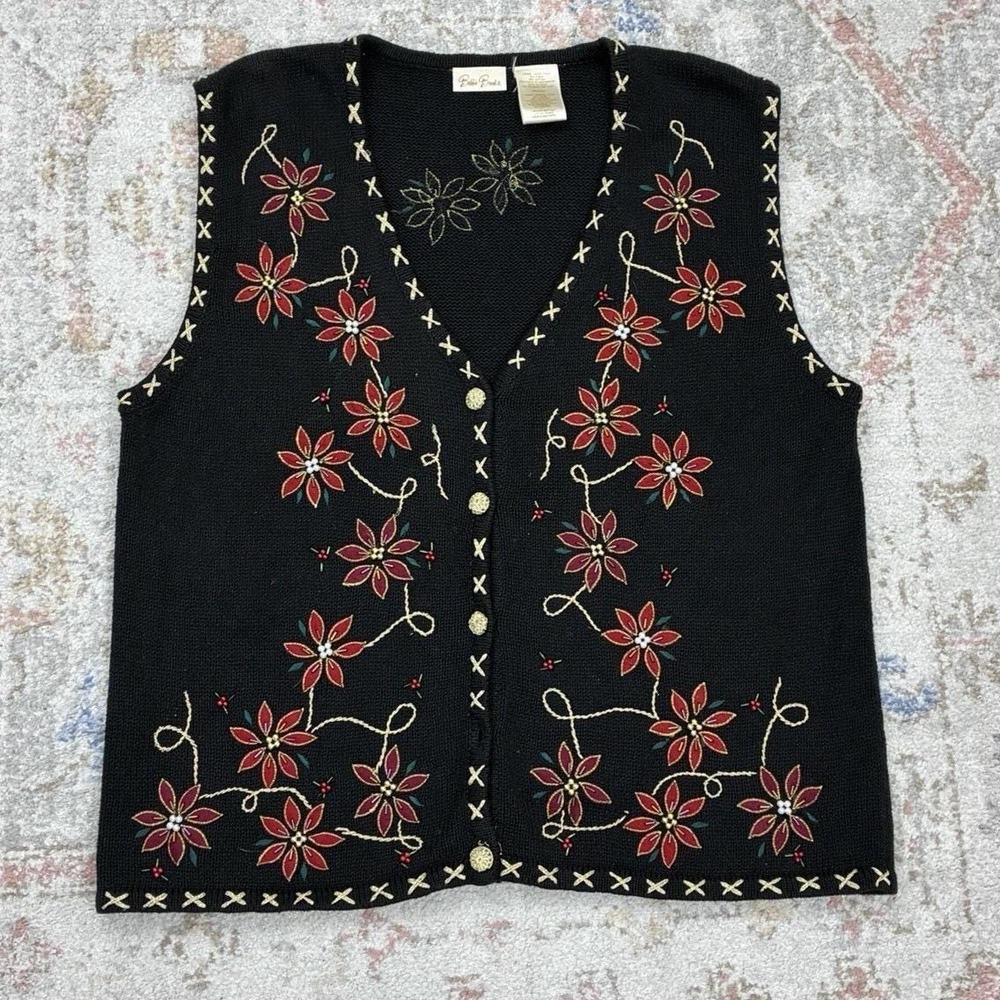 Vintage Black Poinsettia Christmas Sweater Vest Beaded L Whimsigoth Holiday 90's